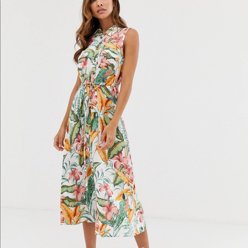 Warehouse Midi Shirt Dress in Tropical Print
